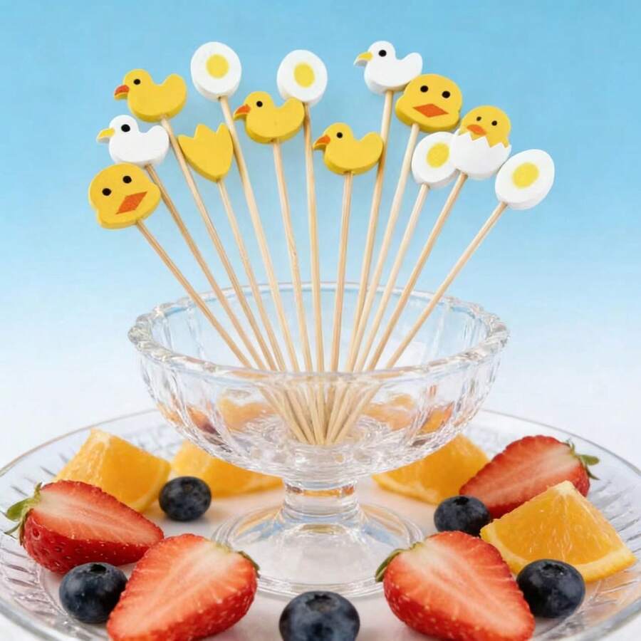 15/25/50/100 piezas Brochetas de bambú con forma de pato lindo, palillos de fruta desechables con diseño de dibujos animados, adecuados para pan francés, pastel, postre, ensalada, hamburguesa, sándwich, sushi, aperitivo, fruta, perfectos para fiesta de cumpleaños, boda, comida para llevar, Navidad, Halloween y otras actividades al aire libre. - Multicolor - Ver 1