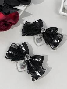 2pcs/Set Women's Lace Letter Ribbon Dark Color Gothic Style Heart & Cross Hair Clips, Suitable For Holiday Dress-Up And Daily Wear For Gothic Lovers - Multicolor - View 4