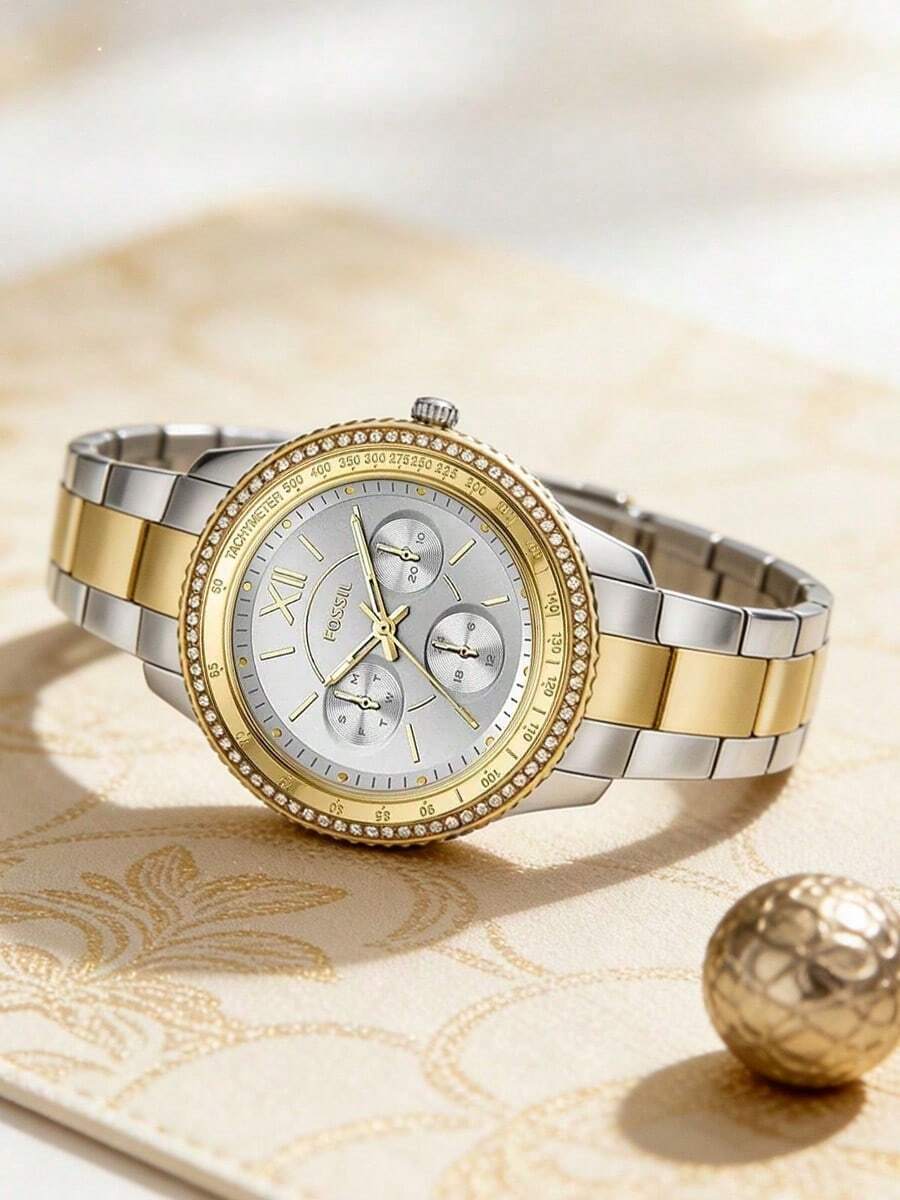 Fossil 女款日常時尚雙色不鏽鋼手鍊石英計時腕錶 ES5107 百搭手錶 - 銀色 - 查看 1
