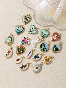 1pc Gold-Edged Printed Pendant, Exquisite Pastoral Style, 14k Gold Plated Copper Material, Suitable For Phone Case Decoration, Millennium Beach, Women's Beach Accessories - Multicolor - View 4