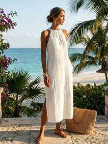 Women's Solid Color Fashionable Halter Neck Sleeveless Casual Dress White Elegant Summer - White - View 6