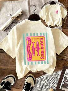青少年女孩休閒趣味印花圓領套頭短袖T恤夏季上衣 - 杏色 - 查看 1