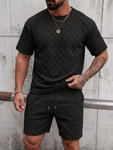 Men's Solid Color Minimalist Casual Daily Outdoor Sports Running T-Shirt & Shorts Set, Beach Vacation Outfit - Black - View 8