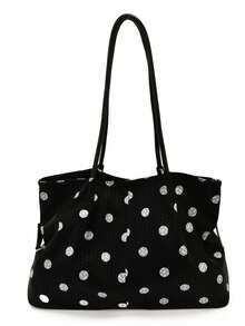 1 pièce Sac fourre-tout à bandoulière en PU de couleur unie pour femmes, sac à main vintage en forme d'éventail de grande capacité, convient pour le bureau, les déplacements, les achats, les vacances et les voyages - Noir - Voir 6