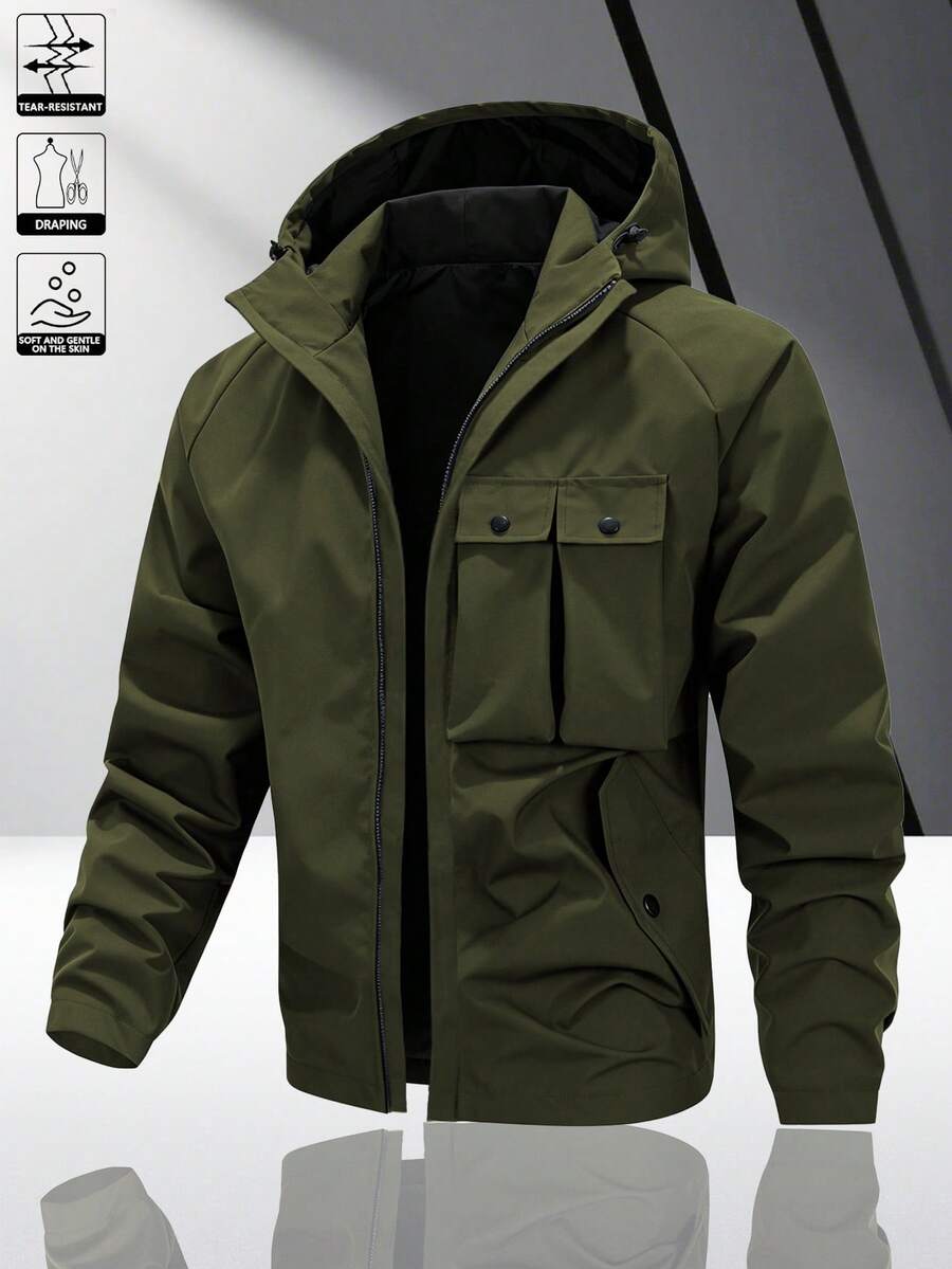 Men's Multi-Color Multi-Pocket Hooded Utility Jacket, Durable & Wrinkle-Resistant Fabric, Windproof Design, Outdoor Functional Style, Suitable For Daily Wear & Commuting, Versatile & Personalized - Army Green - View 1