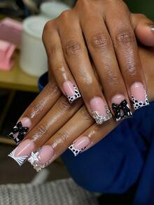 24pcs Rectangular Nail Stickers Instantly Elevate Your Look! Elegant Minimalist Black French Nails, White Polka Dots Black Stripes, 3D Black Bow, Silver Stars, Dollar Sign, Shiny Rhinestone Design, Pink Nails, Fashionable White French Nails, Black Polka Dots Black And White Cow Print, Leopard Print Nails, Full Coverage Fake Nails Set, Suitable For Women And Girls. Set Includes 1pc Jelly Glue + 1pc Nail File, Jelly Glue Randomly Shipped. - Black and White - View 1