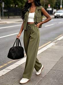 3pcs Women's Vintage Military Green Practical Set, Including Short Sleeve Shirt Jacket, White Camisole, And High Waist Wide Leg Pants With Pockets, Suitable For Spring And Summer Elegant - Army Green - View 5