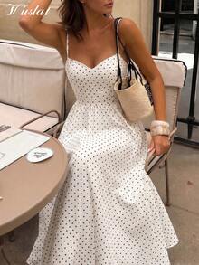 Vuslat 女款花卉印花緞面細肩帶長洋裝，優雅百搭，適合婚禮賓客穿著，伴娘禮服 - 黑與白 - 查看 8
