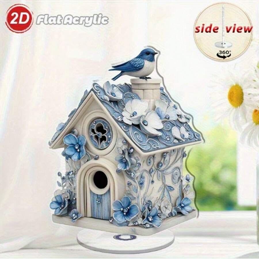 2D Plano, 1 peça Casa de Pássaros Giratória em Acrílico para Decoração de Secretária - Design Intrincado Azul e Branco com Acentos Florais, Base Rotativa 360°, Adequado para Uso Interior/Exterior, Sem Necessidade de Eletricidade, Perfeito para Escritório em Casa e Áreas de Relaxamento, Decoração de Pássaros, Decoração Interior/Exterior, Casa de Pássaros Decorativa, 2D Plano - A - Ver 1