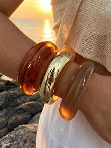 3/1pc Set Vintage Elegant Casual Style Wide Plain Metal CCB & Acrylic Contrast Color Bracelet, Women's Spring/Summer Beach Vacation Daily Party Gift Accessory - Multicolor - View 5