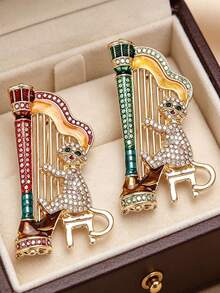1pc Elastic Harp Cat Brooch, Creative Personalized Pin, High-End Jewelry Clothing Accessory - Piano-playing Cat - View 1
