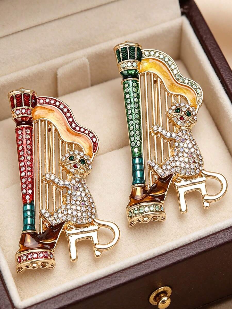 1pc Elastic Harp Cat Brooch, Creative Personalized Pin, High-End Jewelry Clothing Accessory - Piano-playing Cat - View 1
