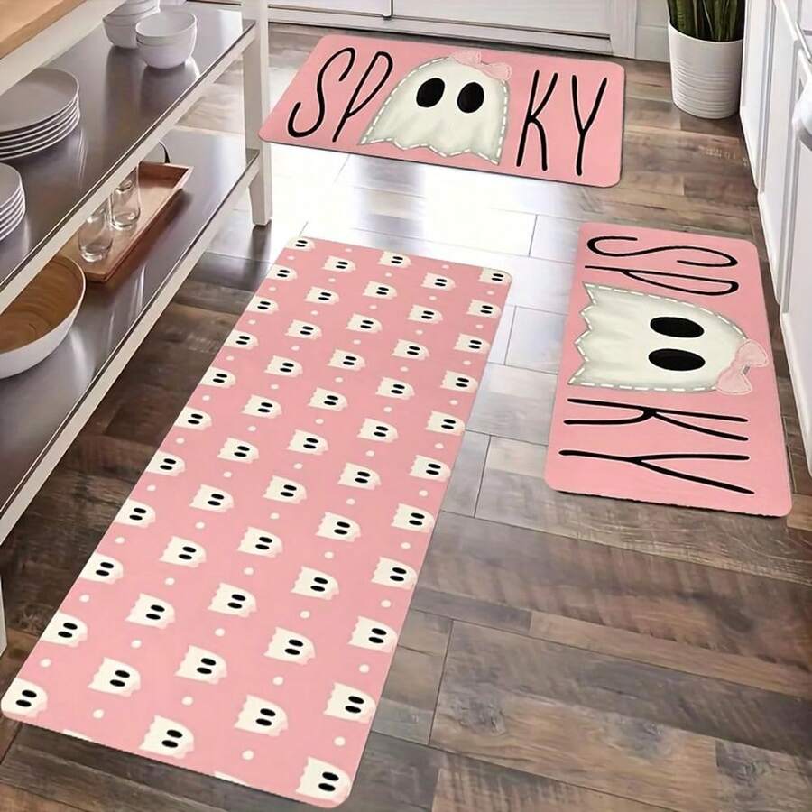 Halloween With Cute Pink Ghosts - Non-Slip Mat Suitable For Kitchen, Porch, Balcony - Machine Washable Soft Adhesive Backing, Polyester - Spooky For S & - Multicolor - View 1