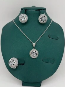 4PCS/Set Luxury Material Copper And Cubic Zirconia Gold And Silver Round Design Necklace, Earrings, Ring Set. Women's Fashion, Elegant, Exquisite Bridal Jewelry Set, Bridal Jewelry, Wedding Accessories, Fashion Jewelry Gift - Silver - View 5