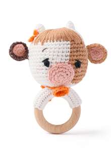 1PC Crochet Cow Wooden Teething Ring Rattle, Knit Farm Animal Baby Hand Sound Toy - Mocha Brown - View 12