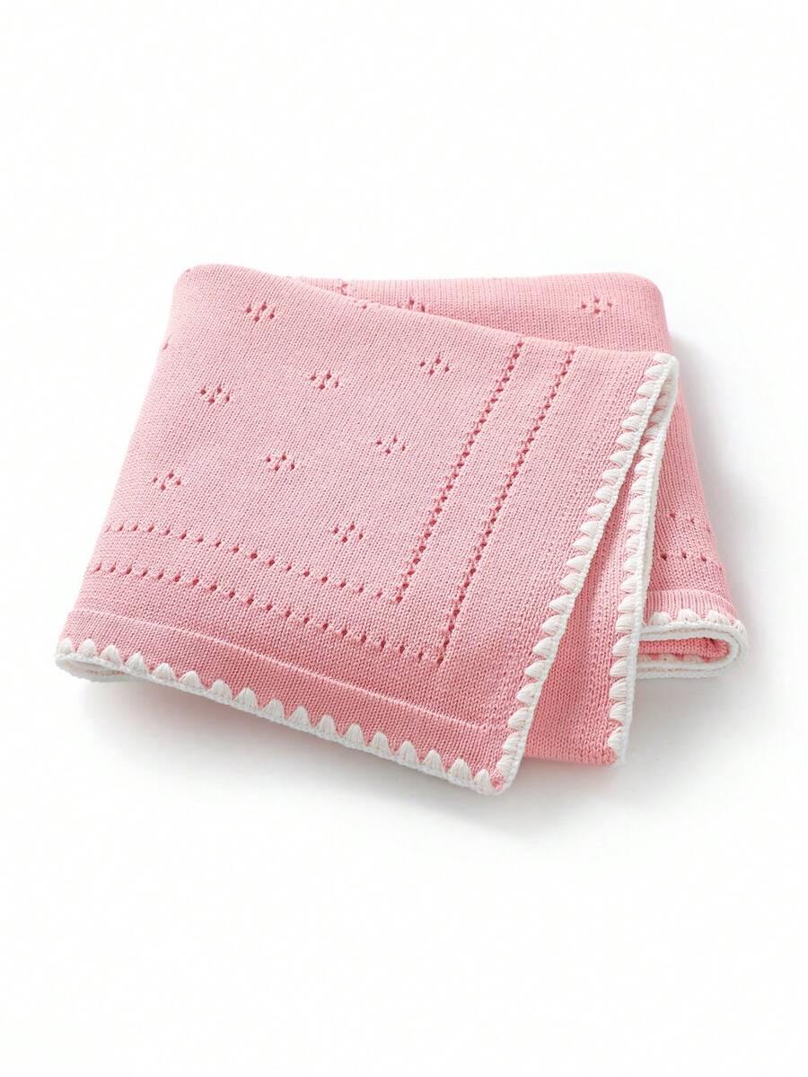 1pc Baby Knitted Blanket, Perforated Design, Scalloped Edge, All-Season Children's Blanket, Baby Stroller Blanket, Newborn Essential - Pink - View 1