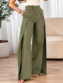 Autumn/Winter Asymmetrical Criss-Cross Design Casual Wide Leg Structured Pants For Women Olive Green Straight Leg Trousers With Pockets Professional Office Long Pants - Green - View 6