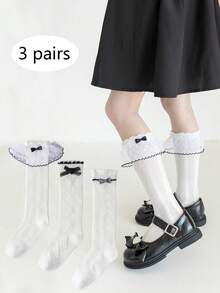 3雙女孩透氣百搭春夏季小腿襪，甜美蕾絲蝴蝶結飾邊兒童襪，適合日常休閒穿著 - 白色 - 查看 1
