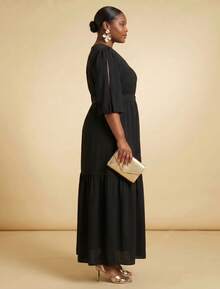 FASHION MIX PREMIUM Elegant Long Dress With Slit And Ruffle On The Hem 3/4 Puff Sleeves With V-Neckline And Tie At The Waist Women's Plus Size - 黑色 - 查看 4