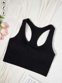 Runway Rest 1pc Solid Color Women's Sports Bra, Removable Padding Fitness Yoga Racerback Comfortable Sports Underwear - Black - View 6