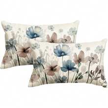1pc/2Pcs Watercolor Blue Brown Floral Lumbar Pillow Covers, Vintage Neutral Wild Flower Print Rectangular Cushion Cases, Minimalist Farmhouse Decorative Throw Pillow Covers Without Insert For Sofa Couch Bedroom Home Decor - Dusty Blue - View 1