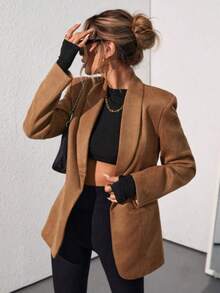 1pc Daily Commute Casual Versatile Solid Color New Style Elegant Minimalist Lapel Long Sleeve Pocket Cardigan Jacket - Brown - View 3