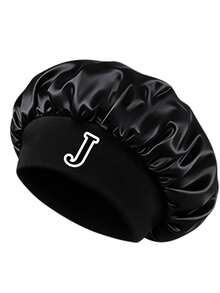Silky Black Customized Initial Satin Sleep Cap, Elastic Wide Brim Hair Protection Cap, Soft Smooth Night Cap, Reduces Curly Hair Breakage - Black Letters - View 20