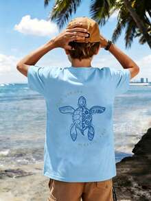 Tween Boy Casual Fun Print Crew Neck Pullover Short Sleeve T-Shirt Summer Top - Baby Blue - View 2