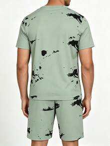 Men's Summer Thin Minimalist Ink Splatter SLEEP Print Short Sleeve & Shorts 2 Pieces Pajama Set, Fresh Lazy Casual Loungewear - Multicolor - View 2