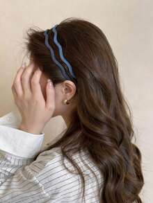 2 piezas/1 pieza Diadema de mezclilla ultra delgada con ondas para mujeres, clip de cabello versátil, nuevo estilo primavera/verano, diseño de corona alta, apariencia premium - Azul - Ver 2