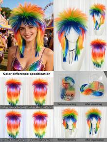 Peruca Mullet Espigada Punk Rock para Homens e Mulheres, Peruca de Cabelo Sintético com Penteado Espigado Multicolorido Arco-Íris Vermelho Branco Gradiente, Peruca de Fantasia Rocker Gótica dos Anos 80 e 90 para Halloween, Cosplay, Festa, Bar, Apresentação no Palco, Fantasia e Adereço para Foto - Multicolorido - Visão 2