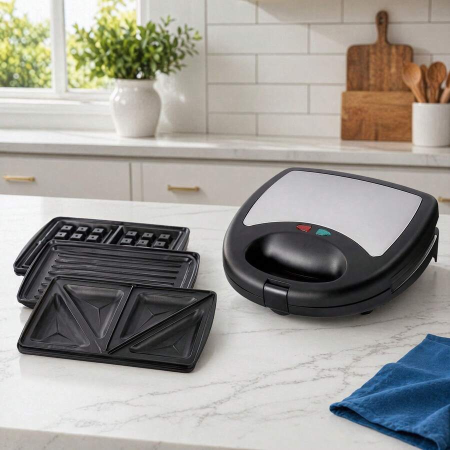 3-In-1 Sandwich Maker, Panini Press & Waffle Iron 750W,  Removable Nonstick Plates, Dual LED Indicators, Cool-Touch  Locking Handle, Easy Clean, For Grilled Cheese, Steak,  Breakfast Toast,304 Stainless Steel, Black - US A Type Plug(110-127V) - View 1