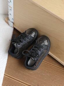 1 Pair Unisex Kids Honeycomb Glossy Side Zipper White Sneakers, Spring/Autumn New Style, Non-Slip Soft Sole, Casual Skate Shoes, Lightweight Luxury Versatile Campus Sports Shoes For Toddlers And Young Children - Black - View 8