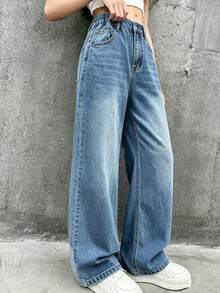 Tween Girl Elastic Waist Design Washed Loose Wide Leg Jeans - Light Wash - View 3
