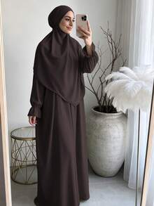 柔軟布料 Khimar 長袍套裝，寬鬆大尺碼長袖保守全身長洋裝，適合中東女性日常街頭穿著 - 彩色 - 查看 25