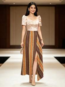 Amyenjoylife 現代菲律賓風情女裝洋裝 1件優雅短袖洋裝 金色現代菲律賓風情洋裝 - 金色 - 查看 4