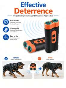 Repelente ultrasónico de perros de mano, detenedor de ladridos de alta potencia de doble núcleo, con linterna LED, repelente ultrasónico de perros mini, dispositivo portátil anti-mordeduras para exteriores, recargable por USB, adaptador no incluido - Naranja - Ver 3