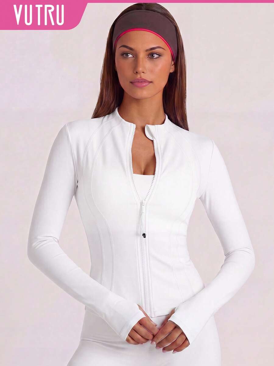 VUTRU Women's Fitted Athletic Jacket With Thumb Holes And Stand Collar White Spring Sports