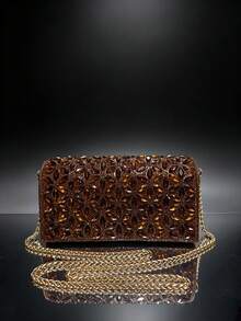 Amorya Túi cầm tay hình vuông đính đá toàn bộ, túi đeo vai nữ, túi clutch phong bì cho váy cưới, túi xách, túi tiệc tinh xảo, ví lấp lánh - Cà phê - Xem 2