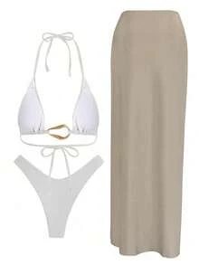 女款優雅春夏海灘度假棕色與白色性感掛脖休閒比基尼套裝，附棕色裙子 - 彩色 - 查看 3