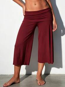 Fold Over Wide Leg Capri Pants For Women Low Rise Yoga Flare Culottes Y2k Flowy Crop Palazzo Gaucho Pants Summer Beach Bottom - 酒紅色 - 查看 1