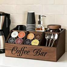 1pc 5-Compartment Wooden Coffee Bar Organizer, Vintage Country Style Countertop Storage Box, Suitable For Coffee Capsules, Coffee Cups, Spoons And Accessories, Farmhouse Style Kitchen Coffee Station Decor - Multicolor - View 2
