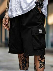 [High Street] Minimalist Multi-Pocket Solid Color Functional Cargo Shorts, Straight Leg Casual Shorts With Adjustable Drawstring Waist Sports - Black - View 8