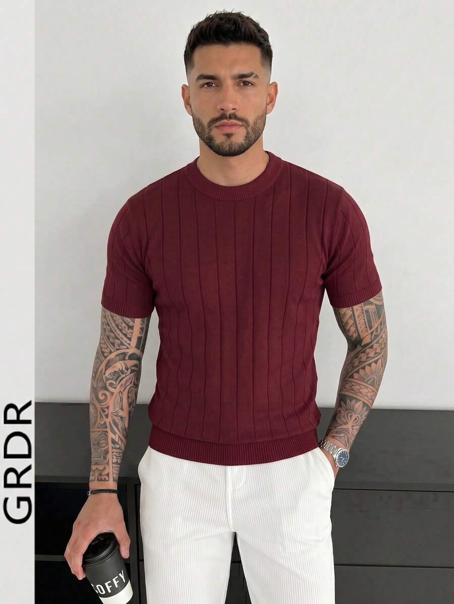 GRDR Men's Crew Neck Simple Ribbed Knit Short Sleeve T-Shirt - Casual Daily Wear - Red Violet - View 1