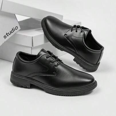 Men's Black Lace-Up PU Leather Dress Shoes, Soft Casual Loafers For Wedding, Business, Graduation Season