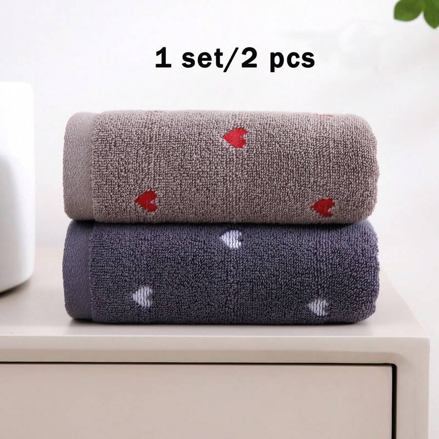 2pcs Heart Jacquard Thickened Absorbent Soft Skin-Friendly Cotton Adult Face Towels, Mixed Colors - Multicolor - View 1