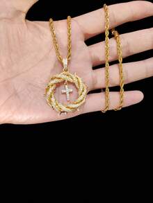 1pc Cubic Zirconia Cross Pendant And 3mm Stainless Steel Twisted Chain, Unisex Hip Hop Cross Pendant Necklace, Fashion Punk Vintage Jewelry, Suitable For Daily Wear Or Party, Easter Gift - Yellow Gold - View 4