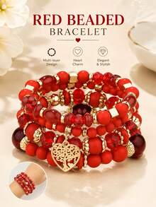 Set Gelang Manik-Manik Merah 4pcs/Set, Manik-Manik Campuran Minimalis dengan Liontin Hati Emas & Pohon Kehidupan, Aksesori Pergelangan Tangan Wanita - Merah - View 12