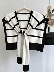 1 Pc. Women's New Knitted Striped Shawl Outerwear Thin Women's Summer Office Air-Conditioned Room Neck Protection Small Cardigan - Black and White - View 2