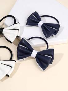 2pcs/4pcs Navy Blue&White Bow Scrunchies,PU Leather Scrunchies,Black Elastic Rubber Band Scrunchies Hair Accessories For All Seasons,Back To School - Multicolor - View 6